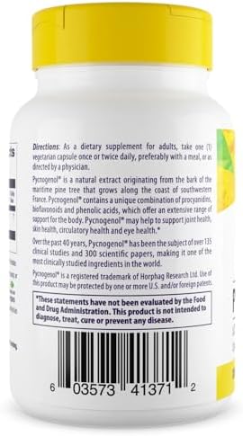 Close-up view of Healthy Origins Pycnogenol capsule potency and count details
