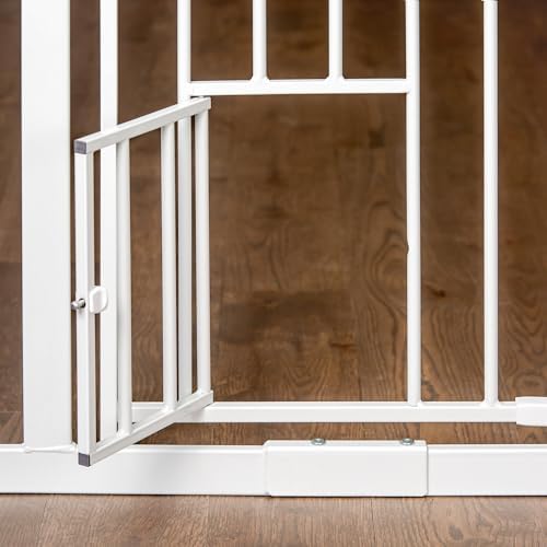 Carlson white metal dog gate installed in hallway doorway