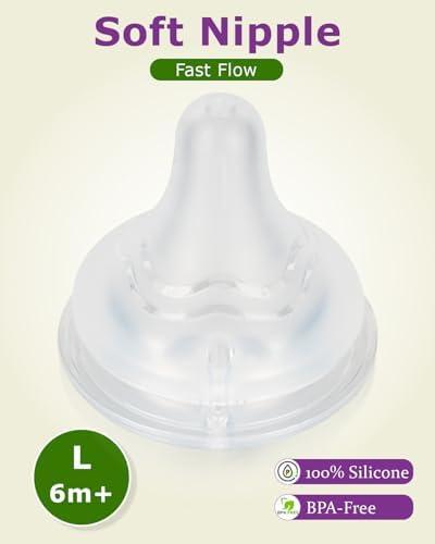 Six count replacement bottle nipples pack showcasing the clear ultra-soft silicone material.