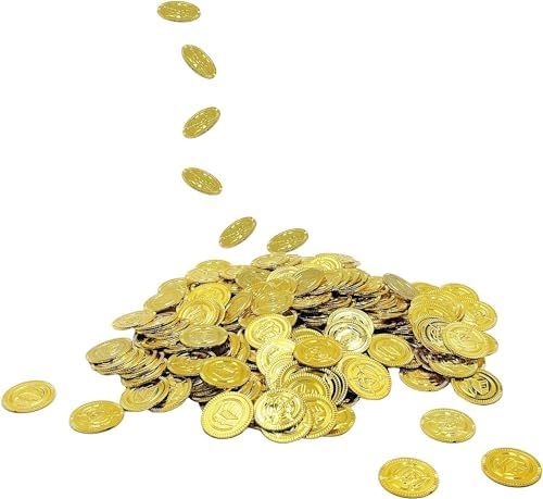 Party table decorations featuring scattered reflective St. Patrick's Day gold coins.