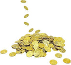 Party table decorations featuring scattered reflective St. Patrick's Day gold coins.