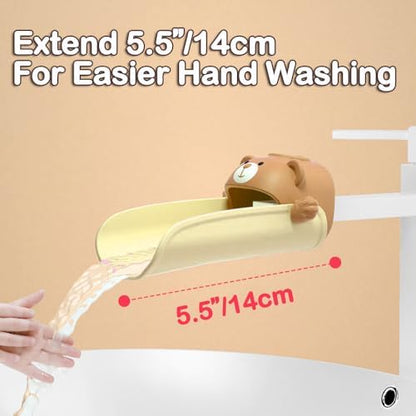 Temperature sensitive sink attachment changing color under warm water flow for toddler safety.