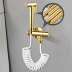 Close up of gold plated bidet sprayer trigger and nozzle