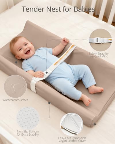 Khaki brown TAOCI vegan leather diaper pad placed on a wooden table.
