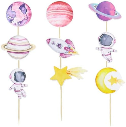 Assorted astronaut and planet cupcake picks for baby shower decor