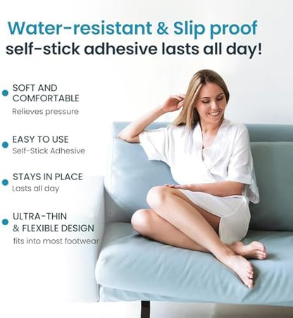 Kimihome thin gel protectors placed inside a high heel shoe to illustrate the discreet fit.