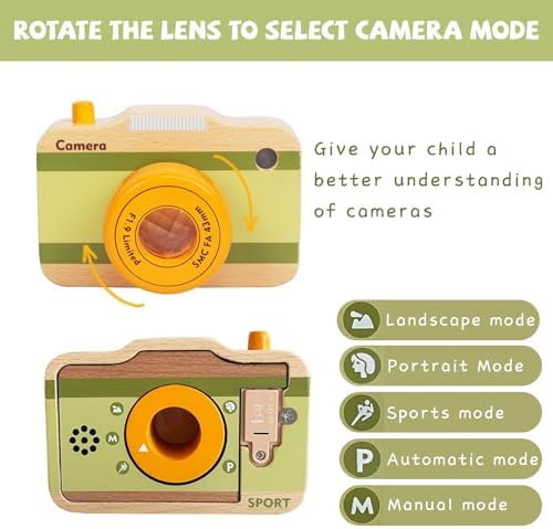 Educational wooden toy camera with a fabric neck hanging strap attached for portability.