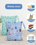 Lifestyle shot of OTraki wet bag holding baby clothes and swimwear