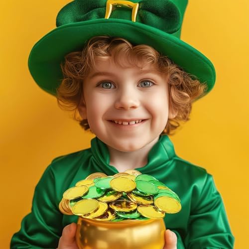 Premium imported MARFOREVER shamrock coins inside a transparent decorative vase for holiday centerpiece inspiration.