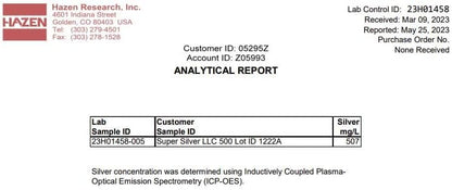 Super Silver extra strength 500 parts per million colloidal formula label and ingredients.
