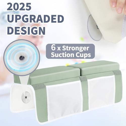 URMYWO bathtub elbow cushion featuring six strong suction cups attached to a clean white tub wall