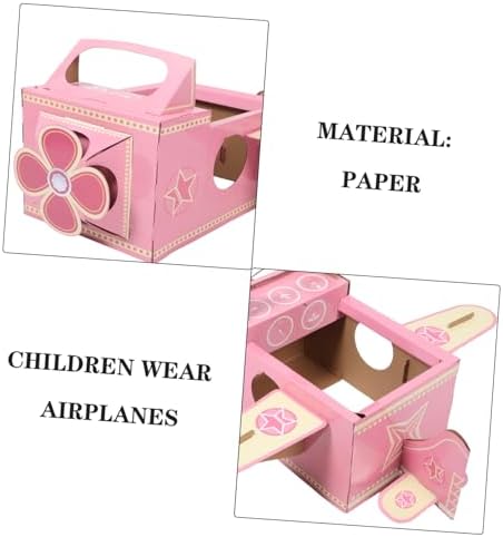 Back view of the pink cardboard plane costume illustrating the placement of the adjustable fabric shoulder straps.