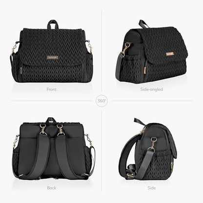 Side view of the large black Hannah & Sophia convertible diaper bag illustrating its slim yet deep storage capacity.