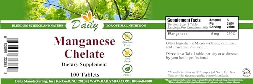 Daily Manufacturing Manganese Chelate supplement label and bottle