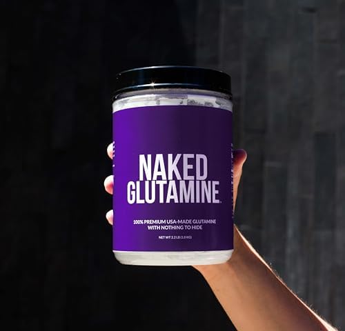 Side profile of Naked Glutamine container showing bulk size