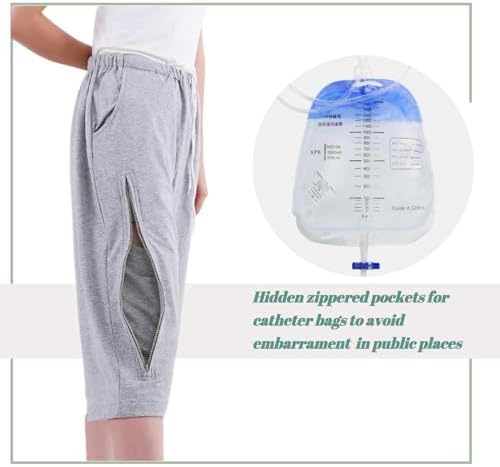 Close up of the dual zippered leg openings on Lmaray medical drainage pants.