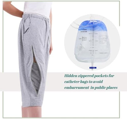 Close up of the dual zippered leg openings on Lmaray medical drainage pants.