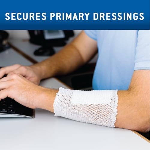 Care Science tubular stretch net securing a gauze dressing on an arm.