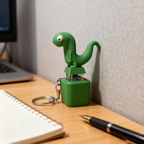 Quirky green lizard interactive office desk accessory package layout