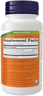 Now Foods Testojack 300 supplement facts label listing 300 mg Tongkat Ali root extract per capsule