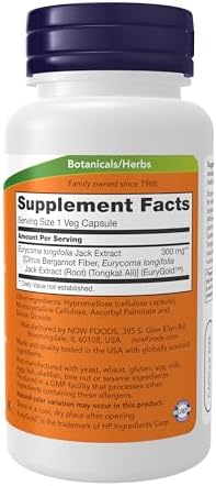 Now Foods Testojack 300 supplement facts label listing 300 mg Tongkat Ali root extract per capsule