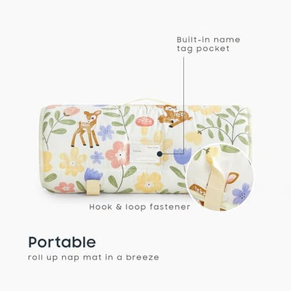 Close up view of the removable pillow inside the floral toddler mat