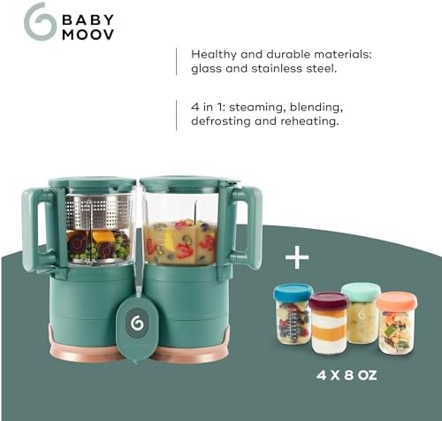 Babymoov glass blending jug processing smooth fruit puree for infant weaning stages