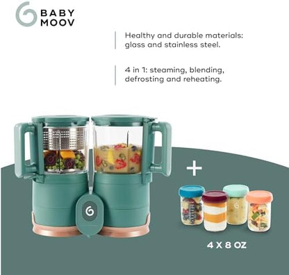 Babymoov glass blending jug processing smooth fruit puree for infant weaning stages