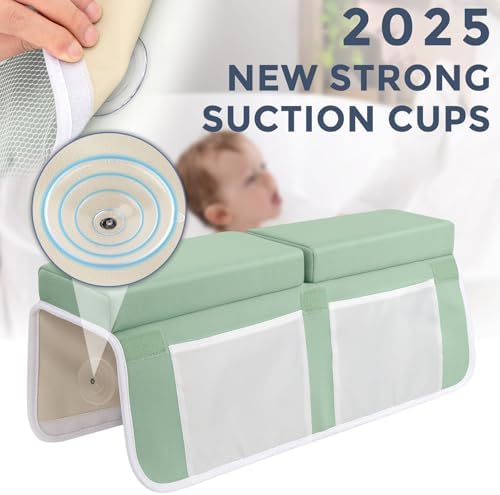 Beiens infant bath organizer pockets filled with colorful plastic toys and baby shampoo bottles on the inner flap.