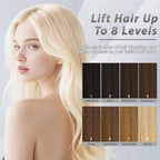 Before and after results using JUANCHI ammonia free hair bleach demonstrating an eight level lift on dark hair