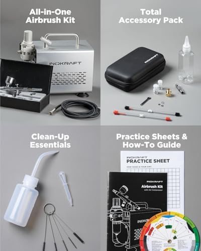 InoKraft gravity feed dual action airbrush gun with three interchangeable needles and nozzles on a white background