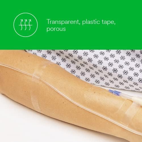 Side profile of 3M Transpore medical dressing tape showing roll dimensions and product labels