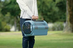 Side profile of Richell dual door pet travel carrier in blue