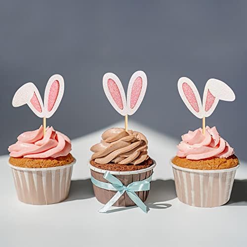 Set of 24 glitter pink bunny ear toppers for baby shower