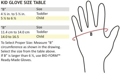 Tan pediatric compression glove for right hand with open fingers and external seams