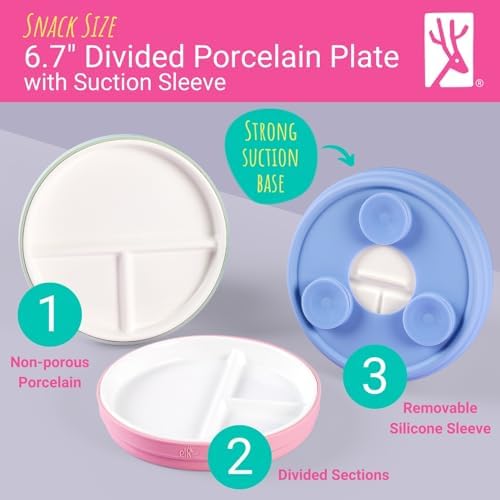 Four pack of white porcelain toddler plates with colored silicone bases