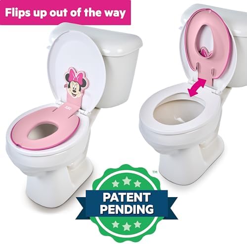 Side view of Bright Starts Minnie Mouse potty seat fitting an elongated home toilet