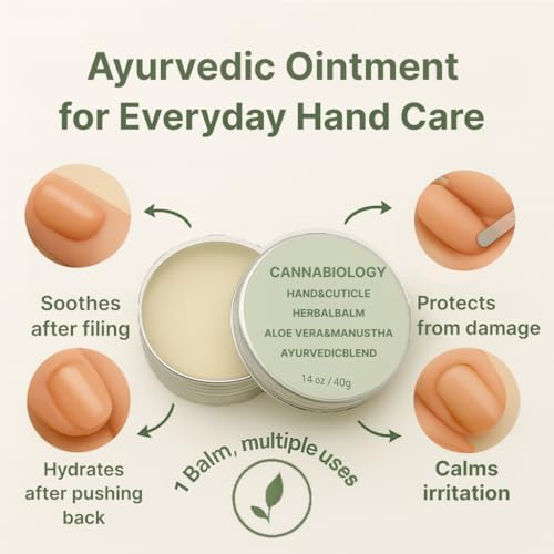 CANNABIOLOGY Ayurvedic hand balm with Aloe Vera and Manjistha for cuticle hydration.