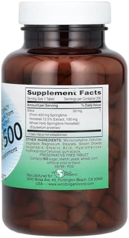 World Organic vegetal silica supplement packaging showing ingredient details and count