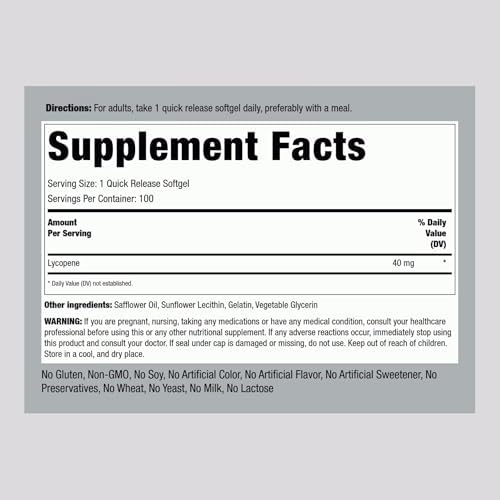 Piping Rock Lycopene 40mg supplement facts label