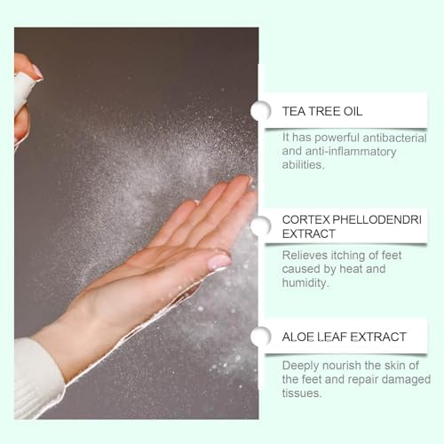Antimicrobial foot sanitizer spray bottle highlighting natural ingredients and sweat control.