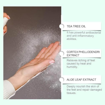 Antimicrobial foot sanitizer spray bottle highlighting natural ingredients and sweat control.