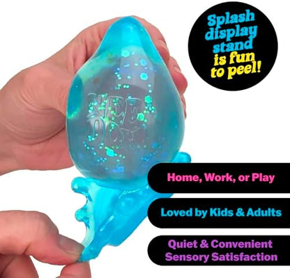 The removable splash display stand holding a blue raindrop sensory squish toy on a desk.