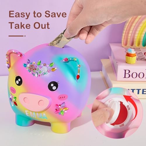 Dotted rhinestone and alphabet sticker sheets included with the toddler safe coin saving bank.
