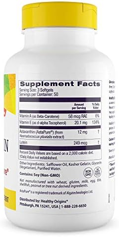 Healthy Origins Natural Astaxanthin 4mg dietary supplement bottle angle view detailing the AstaPure trademark emblem