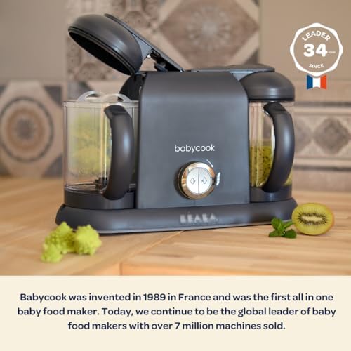 Béaba Babycook charcoal model showing large capacity jars and control interface
