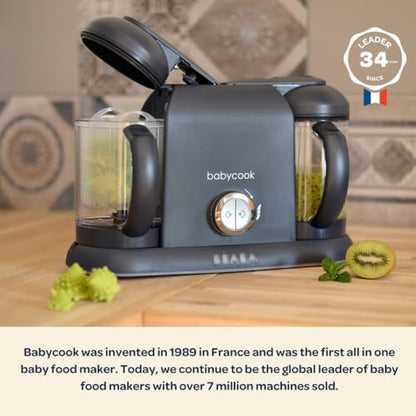 Béaba Babycook charcoal model showing large capacity jars and control interface