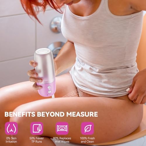 Handheld travel bidet sprayer showing three pressure mode buttons.