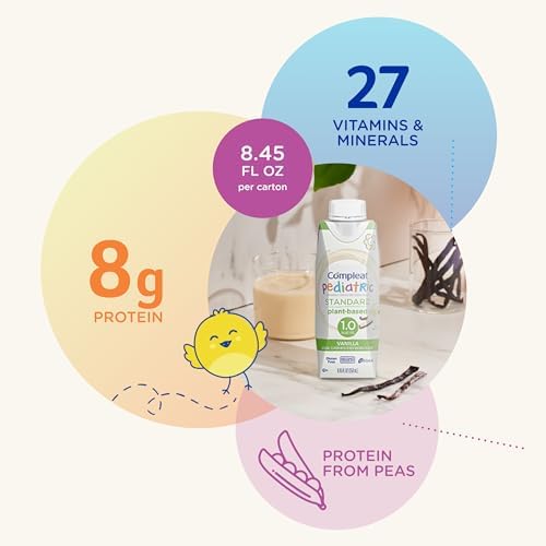 Side profile of vegan pediatric clinical nutrition drink highlighting allergen free ingredient details