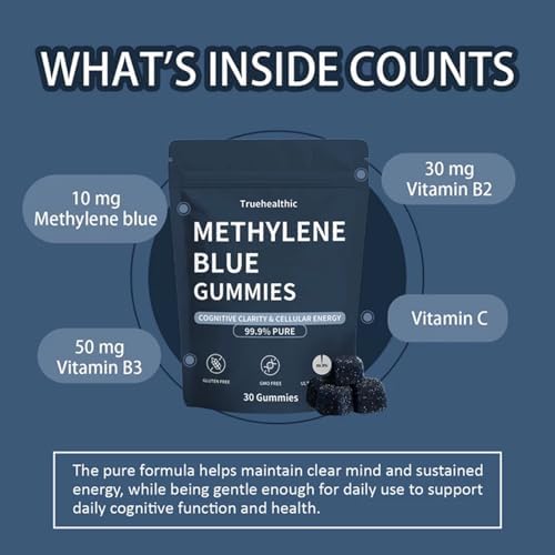 Truehealthic Methylene Blue Gummies full product display with 30 count pouch.